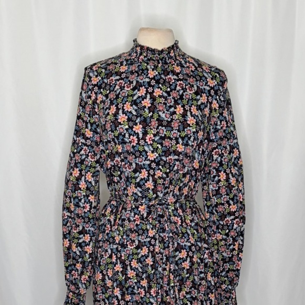 BODEN Floral Shift Dress Black Opulent Leaf Tie Waist Smocked 16 18 Tall Long - Picture 4 of 16